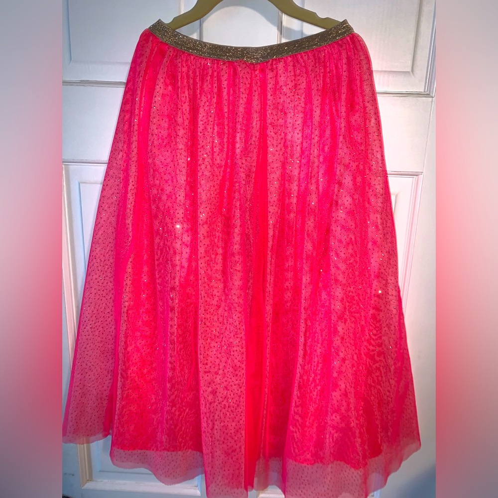 Girls Cat & Jack Long Bright Pink Skirt w/ gold sparkle details.  EUC